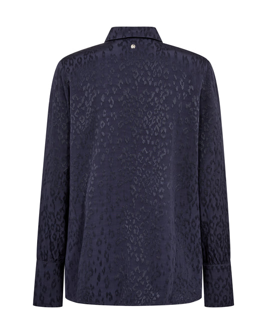 A dark navy blue long-sleeve button-up shirt with a subtle tonal leopard print pattern, shown from the back on a white background.