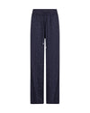 Dark navy wide-leg trousers with a subtle leopard print pattern, featuring an elastic waistband and drawstring.