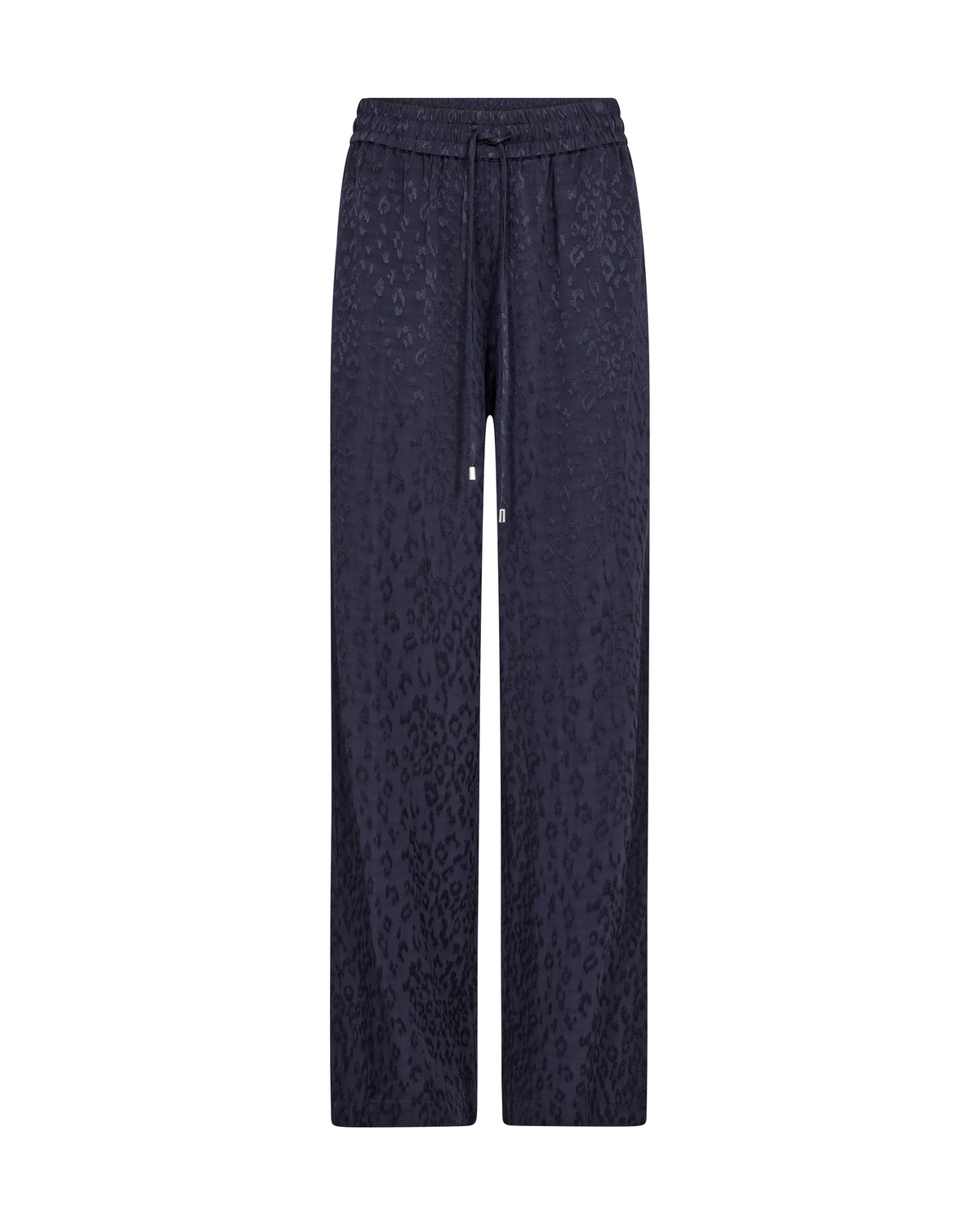 Dark navy wide-leg trousers with a subtle leopard print pattern, featuring an elastic waistband and drawstring.