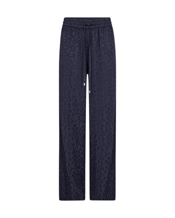 Dark navy wide-leg trousers with a subtle leopard print pattern, featuring an elastic waistband and drawstring.