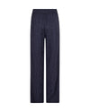 A pair of dark navy wide-leg trousers with a subtle textured jacquard pattern, shown flat against a solid white background.