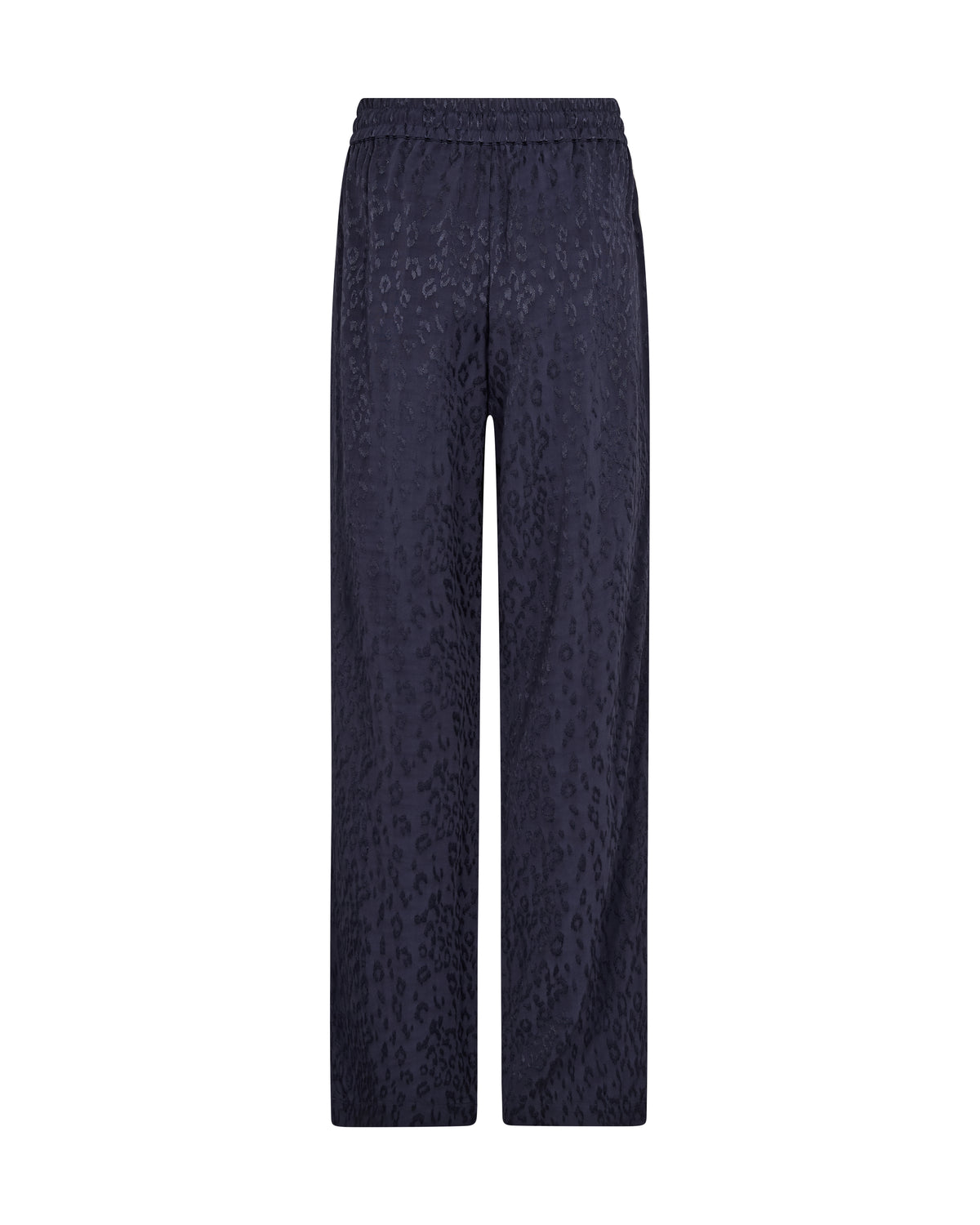 A pair of dark navy wide-leg trousers with a subtle textured jacquard pattern, shown flat against a solid white background.