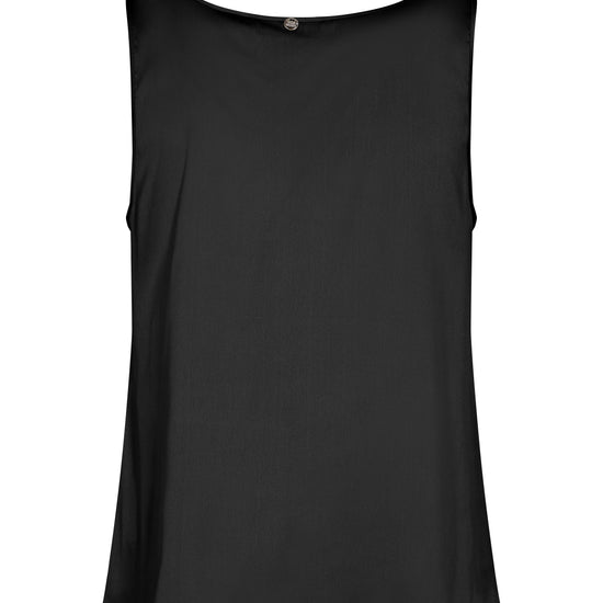 A black sleeveless top with a wide boat neckline, displayed against a solid white background.