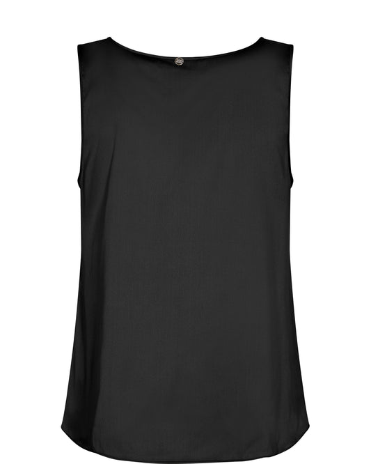 A black sleeveless top with a wide boat neckline, displayed against a solid white background.