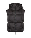 A black hooded puffer vest with horizontal quilting and a front zipper, shown against a plain white background.