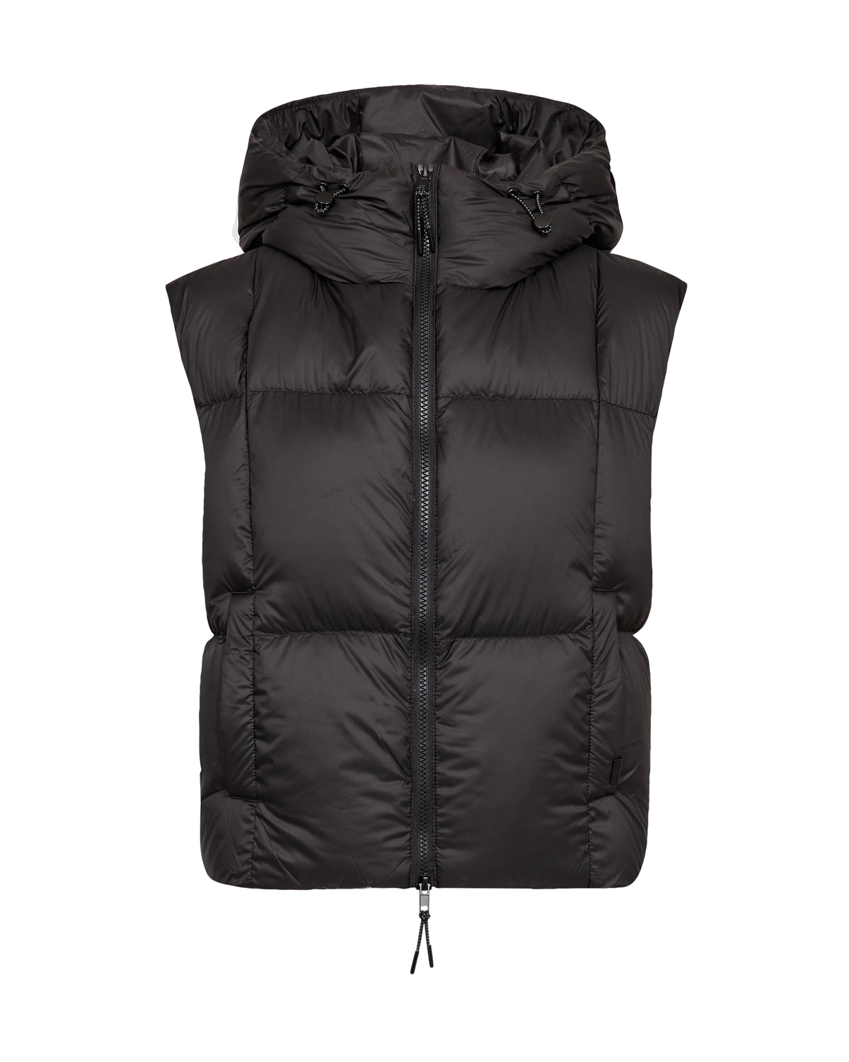 A black hooded puffer vest with horizontal quilting and a front zipper, shown against a plain white background.