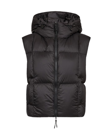 A black hooded puffer vest with horizontal quilting and a front zipper, shown against a plain white background.