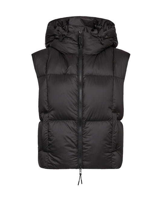 A black hooded puffer vest with horizontal quilting and a front zipper, shown against a plain white background.