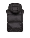Black hooded puffer vest shown from the back on a plain white background.