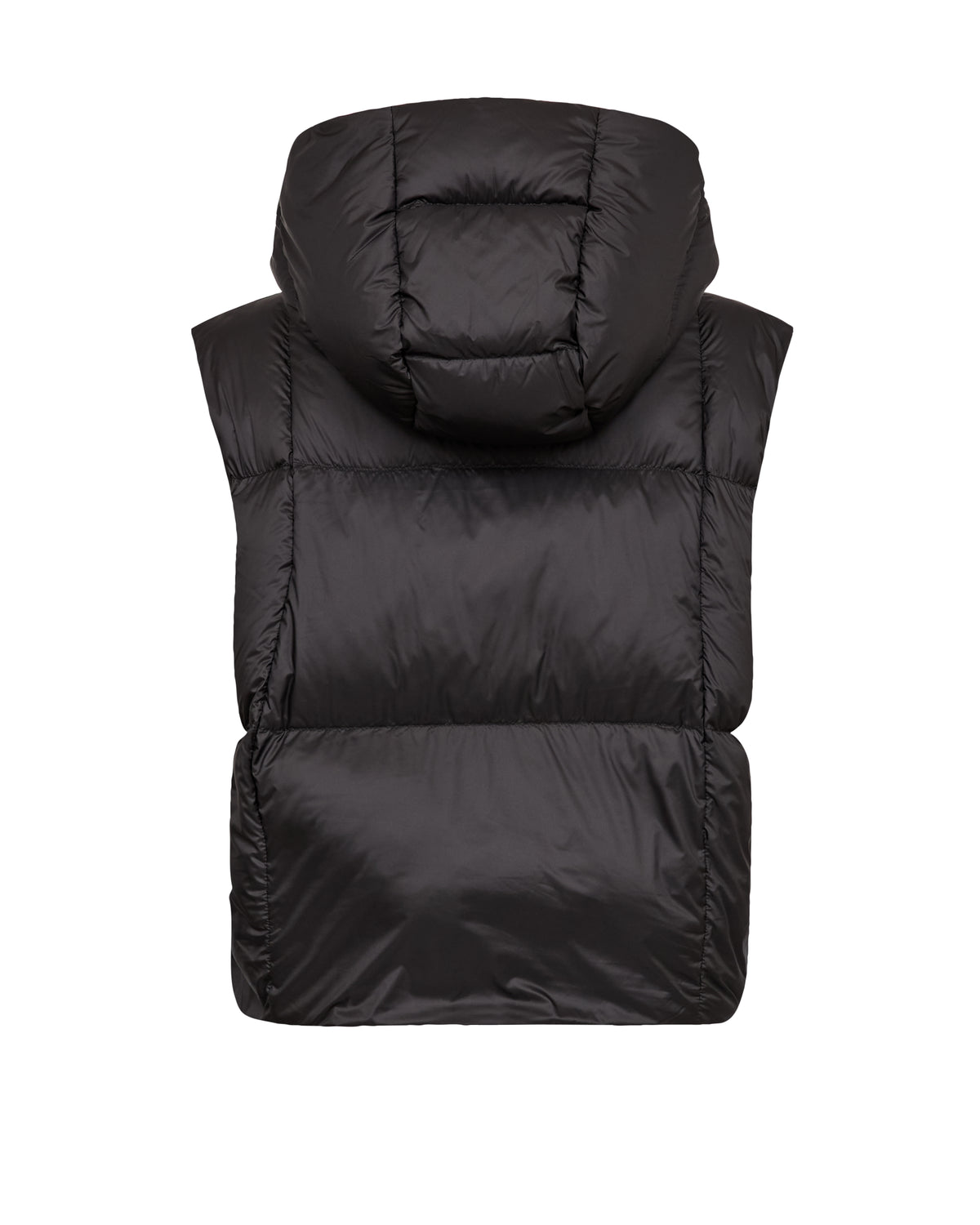 Black hooded puffer vest shown from the back on a plain white background.