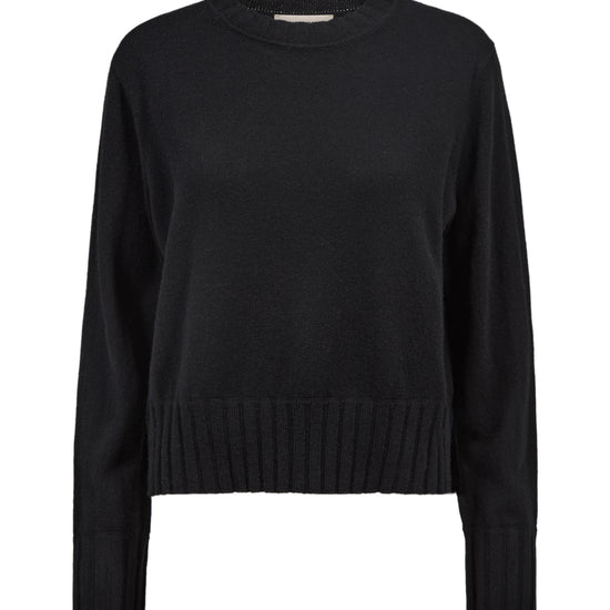 A black long-sleeve crewneck sweater with ribbed hem and cuffs, shown on a plain white background.