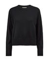 A black long-sleeve crewneck sweater with ribbed hem and cuffs, shown on a plain white background.