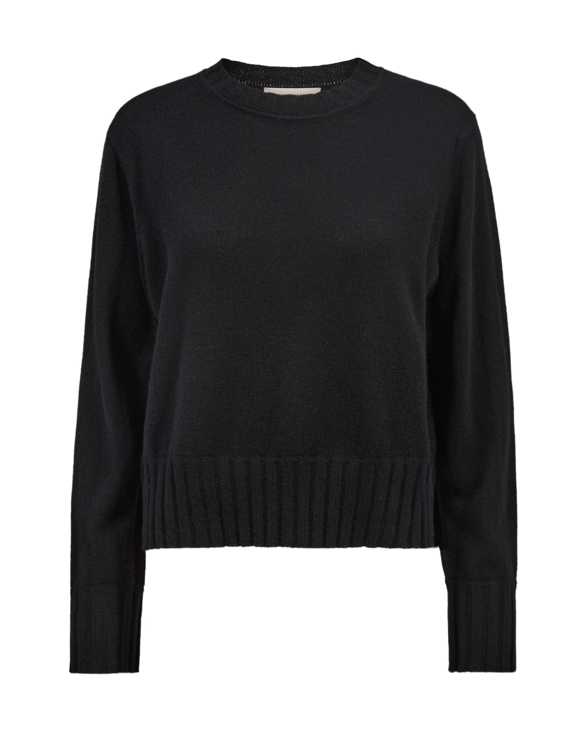 A black long-sleeve crewneck sweater with ribbed hem and cuffs, shown on a plain white background.
