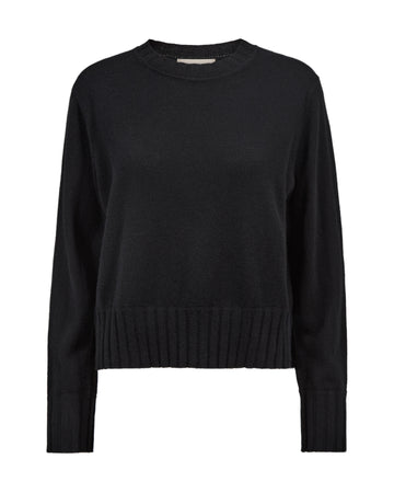 A black long-sleeve crewneck sweater with ribbed hem and cuffs, shown on a plain white background.