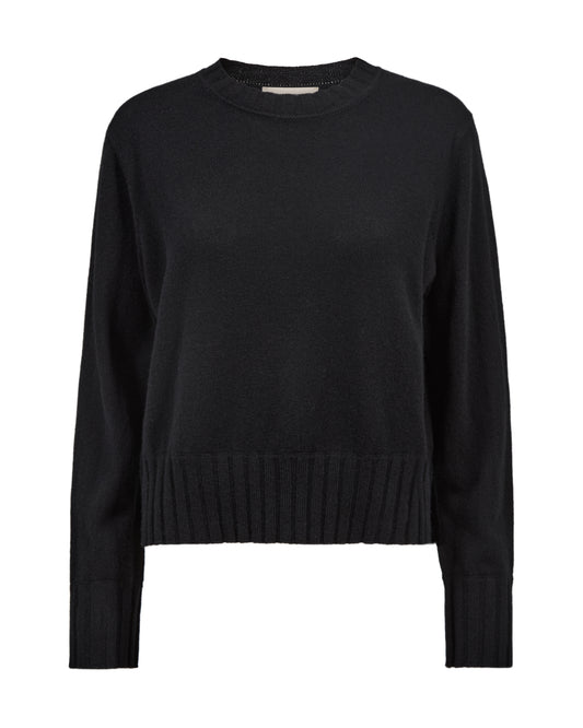 A black long-sleeve crewneck sweater with ribbed hem and cuffs, shown on a plain white background.