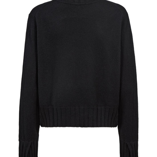 A black long-sleeve knit sweater with a crew neck and ribbed hem and cuffs, shown from the back on a plain white background.