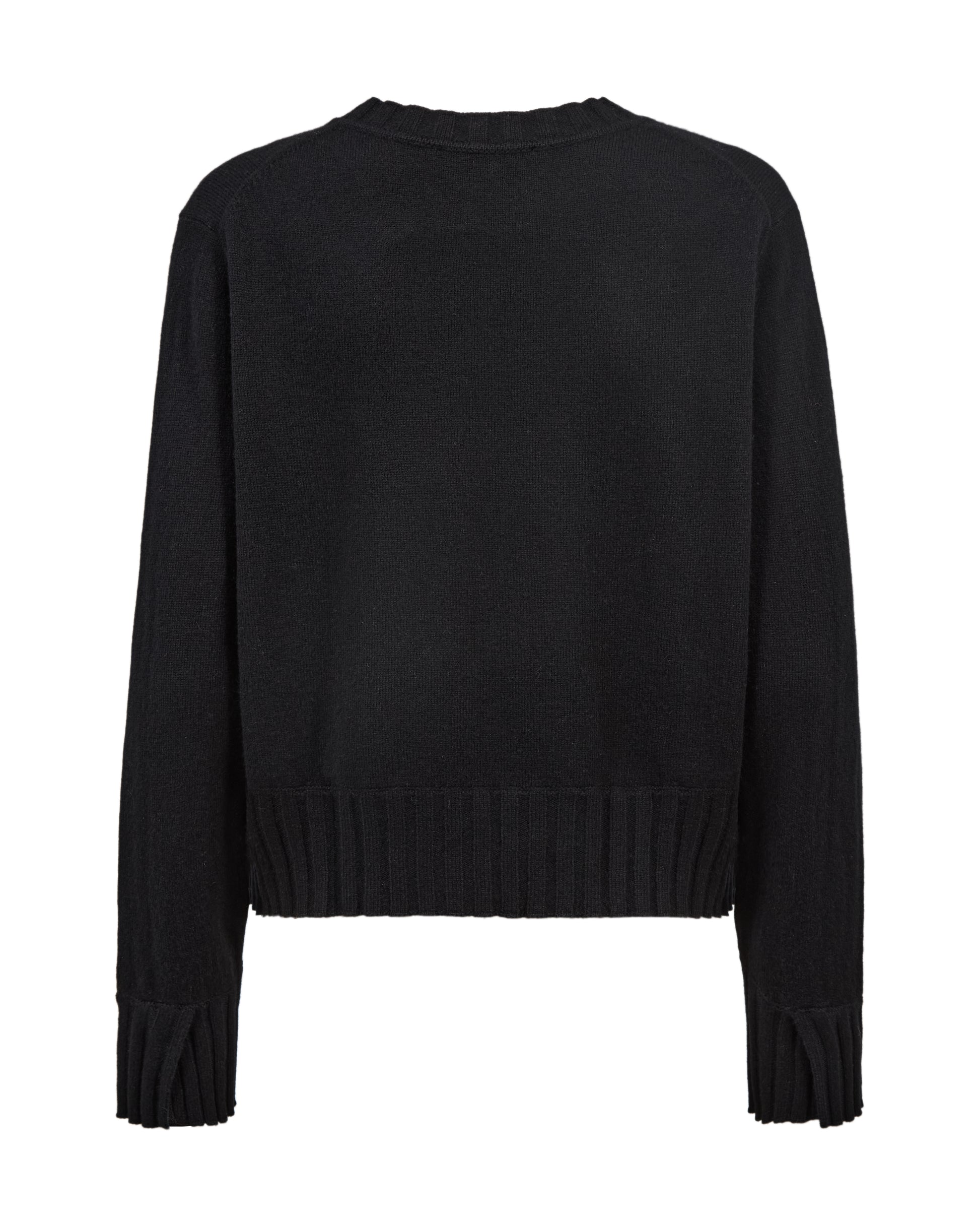 A black long-sleeve knit sweater with a crew neck and ribbed hem and cuffs, shown from the back on a plain white background.
