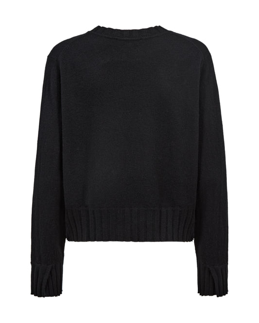 A black long-sleeve knit sweater with a crew neck and ribbed hem and cuffs, shown from the back on a plain white background.