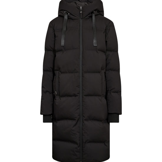 A long black puffer coat with a hood, front zipper, and horizontal quilted padding, shown against a plain white background.