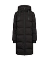A long black puffer coat with a hood, front zipper, and horizontal quilted padding, shown against a plain white background.