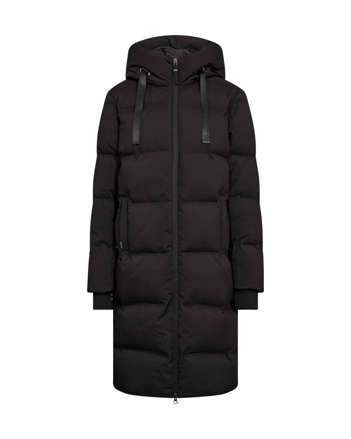 A long black puffer coat with a hood, front zipper, and horizontal quilted padding, shown against a plain white background.