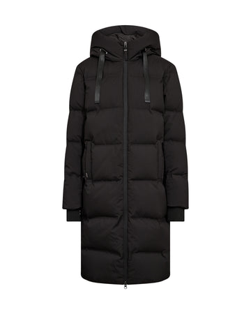 A long black puffer coat with a hood, front zipper, and horizontal quilted padding, shown against a plain white background.