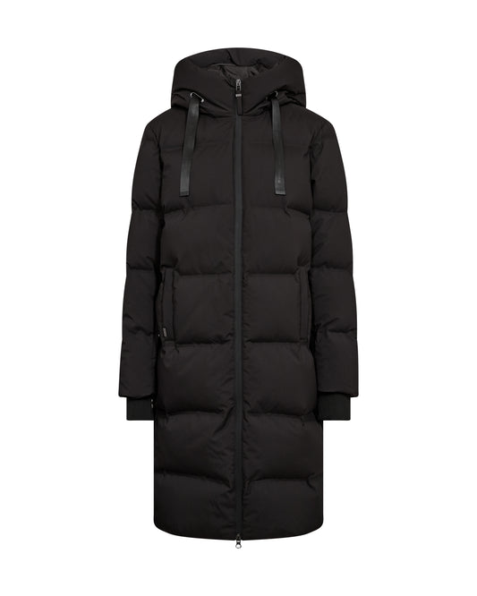 A long black puffer coat with a hood, front zipper, and horizontal quilted padding, shown against a plain white background.