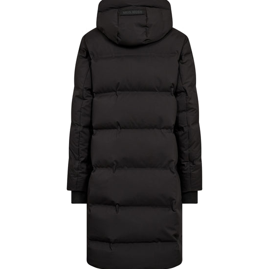 A black hooded puffer coat shown from the back, photographed on a plain white background.