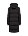 A black hooded puffer coat shown from the back, photographed on a plain white background.
