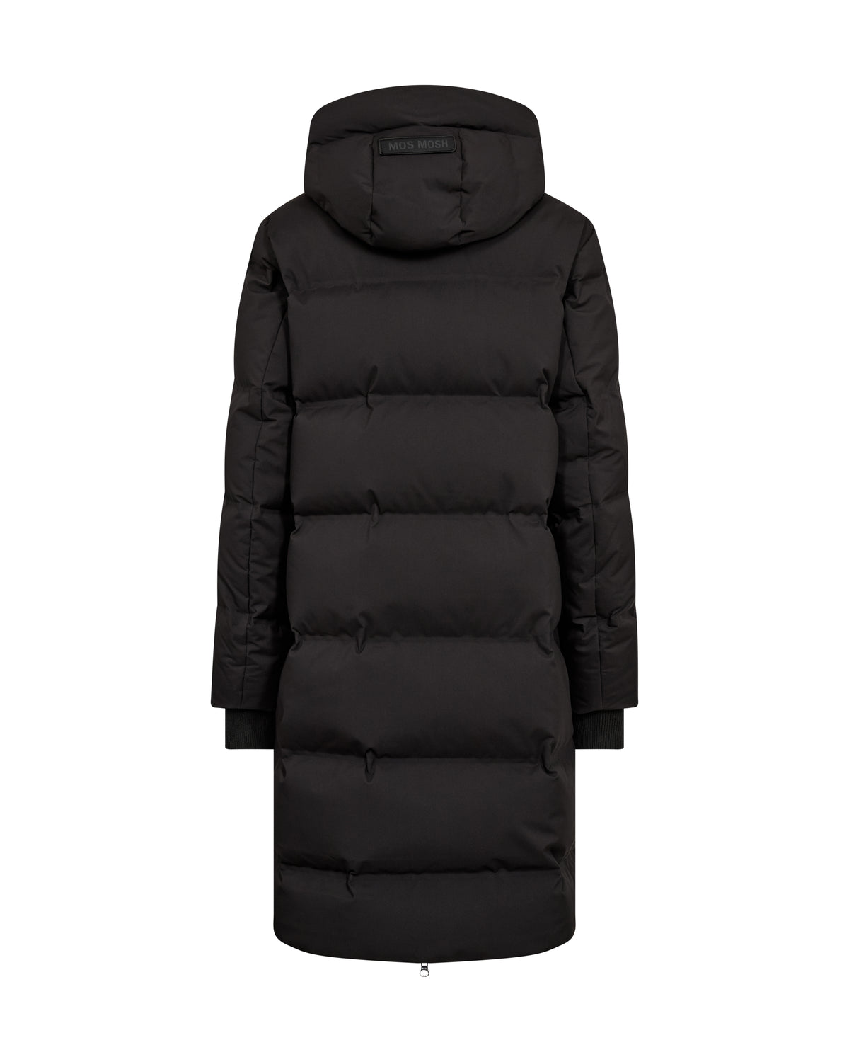 A black hooded puffer coat shown from the back, photographed on a plain white background.