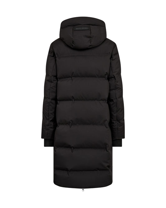 A black hooded puffer coat shown from the back, photographed on a plain white background.