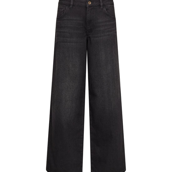 Black wide-leg denim jeans shown flat against a solid white background.