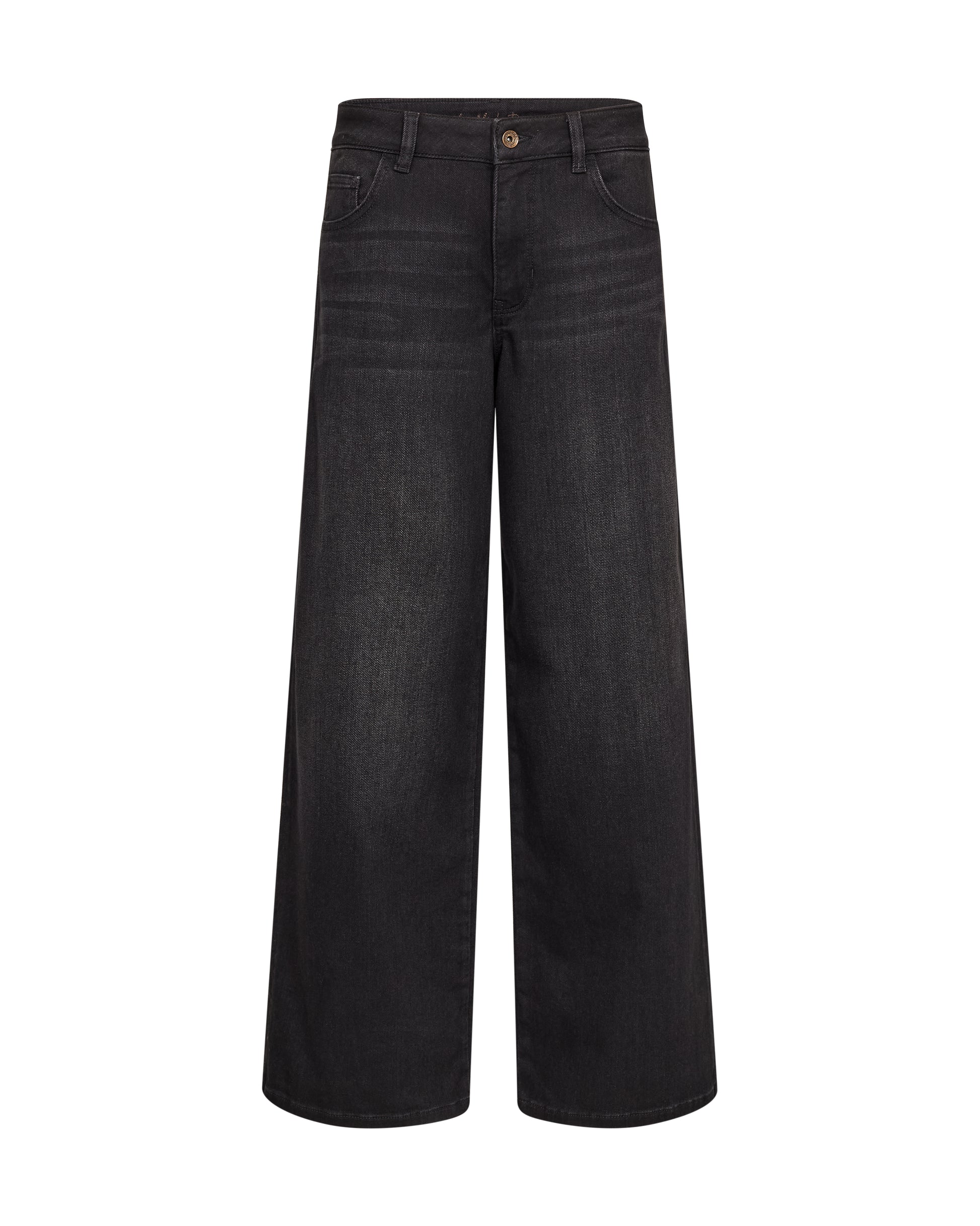 Black wide-leg denim jeans shown flat against a solid white background.