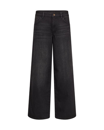 Black wide-leg denim jeans shown flat against a solid white background.