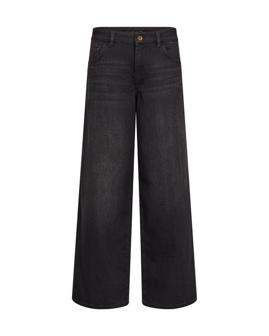 Black wide-leg denim jeans shown flat against a solid white background.