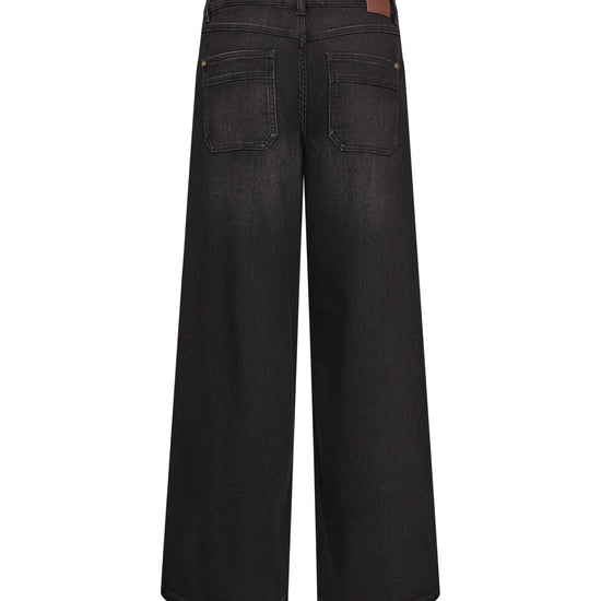 Black wide-leg denim jeans shown from the back, featuring a brown leather patch on the back waistband, photographed against a solid white background.