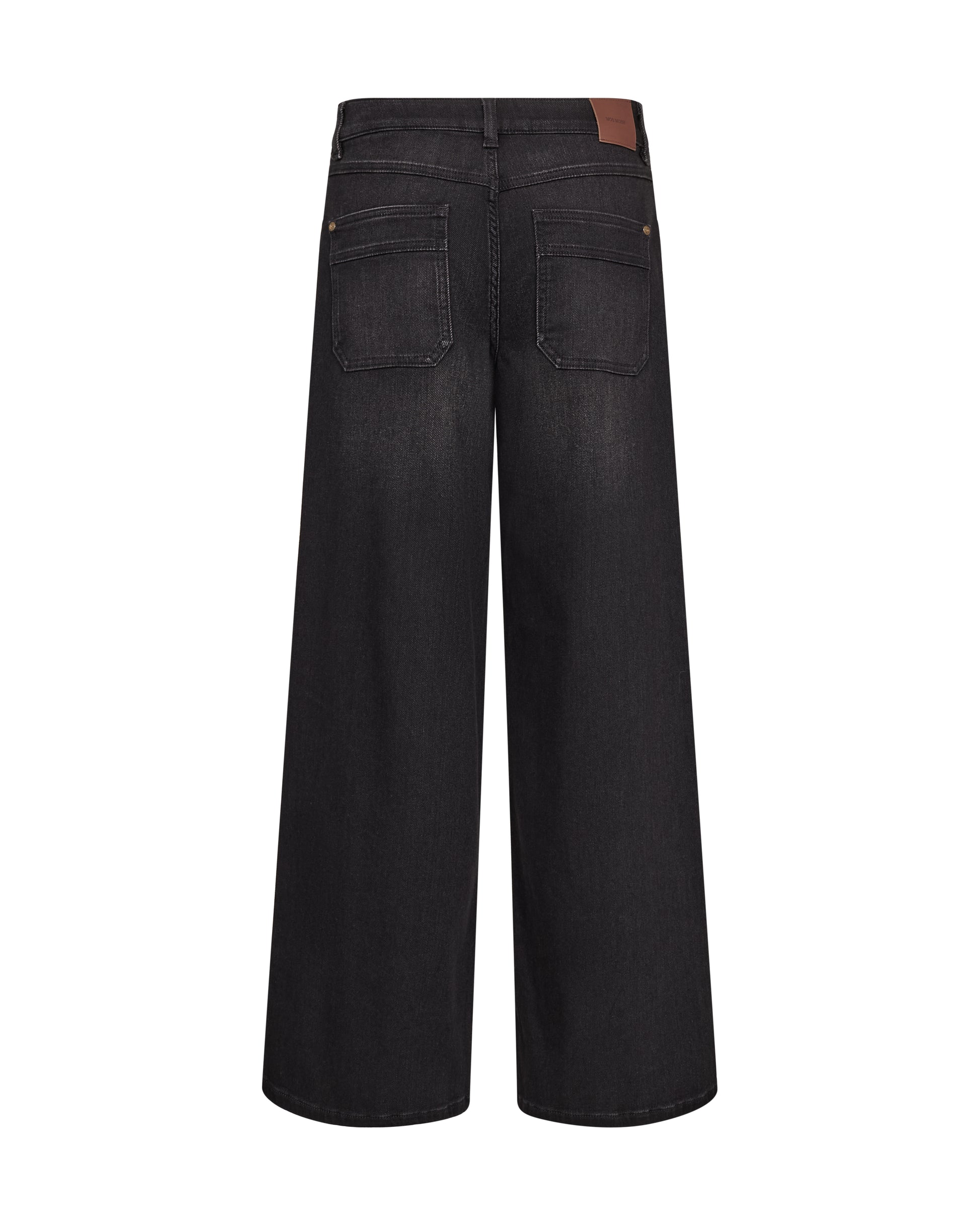 Black wide-leg denim jeans shown from the back, featuring a brown leather patch on the back waistband, photographed against a solid white background.
