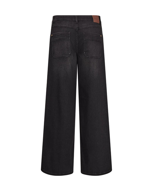 Black wide-leg denim jeans shown from the back, featuring a brown leather patch on the back waistband, photographed against a solid white background.