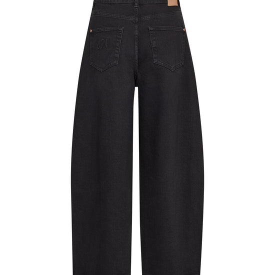 Black wide-leg cropped jeans shown from the back, featuring a high waist, straight legs, and two back pockets, photographed on a solid white background.