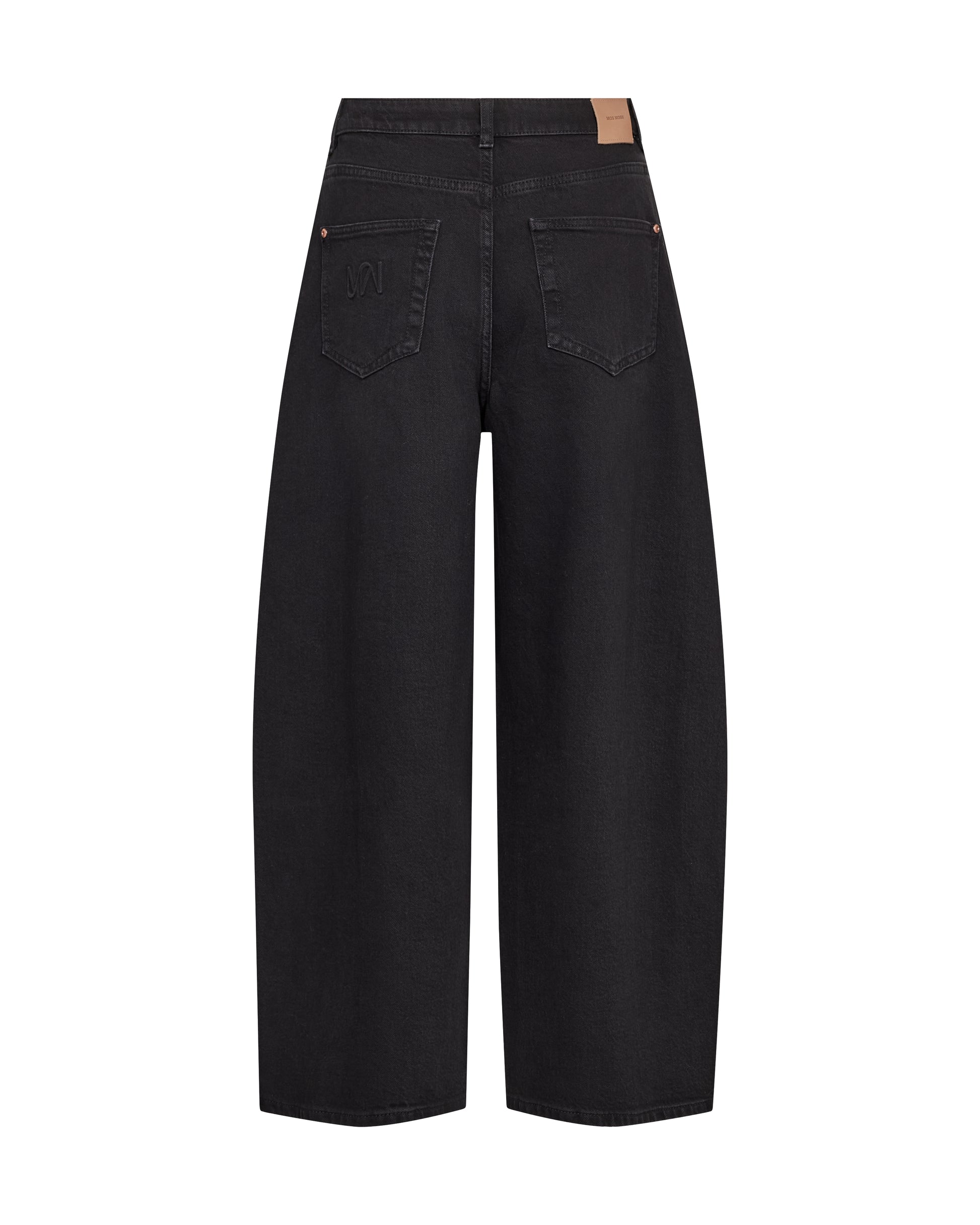 Black wide-leg cropped jeans shown from the back, featuring a high waist, straight legs, and two back pockets, photographed on a solid white background.