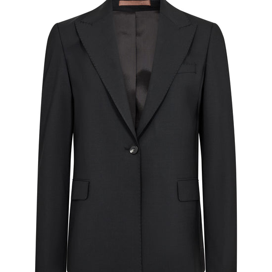A black single-breasted blazer with notch lapels, a single button closure, and flap pockets, shown against a plain white background.