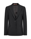 A black single-breasted blazer with notch lapels, a single button closure, and flap pockets, shown against a plain white background.