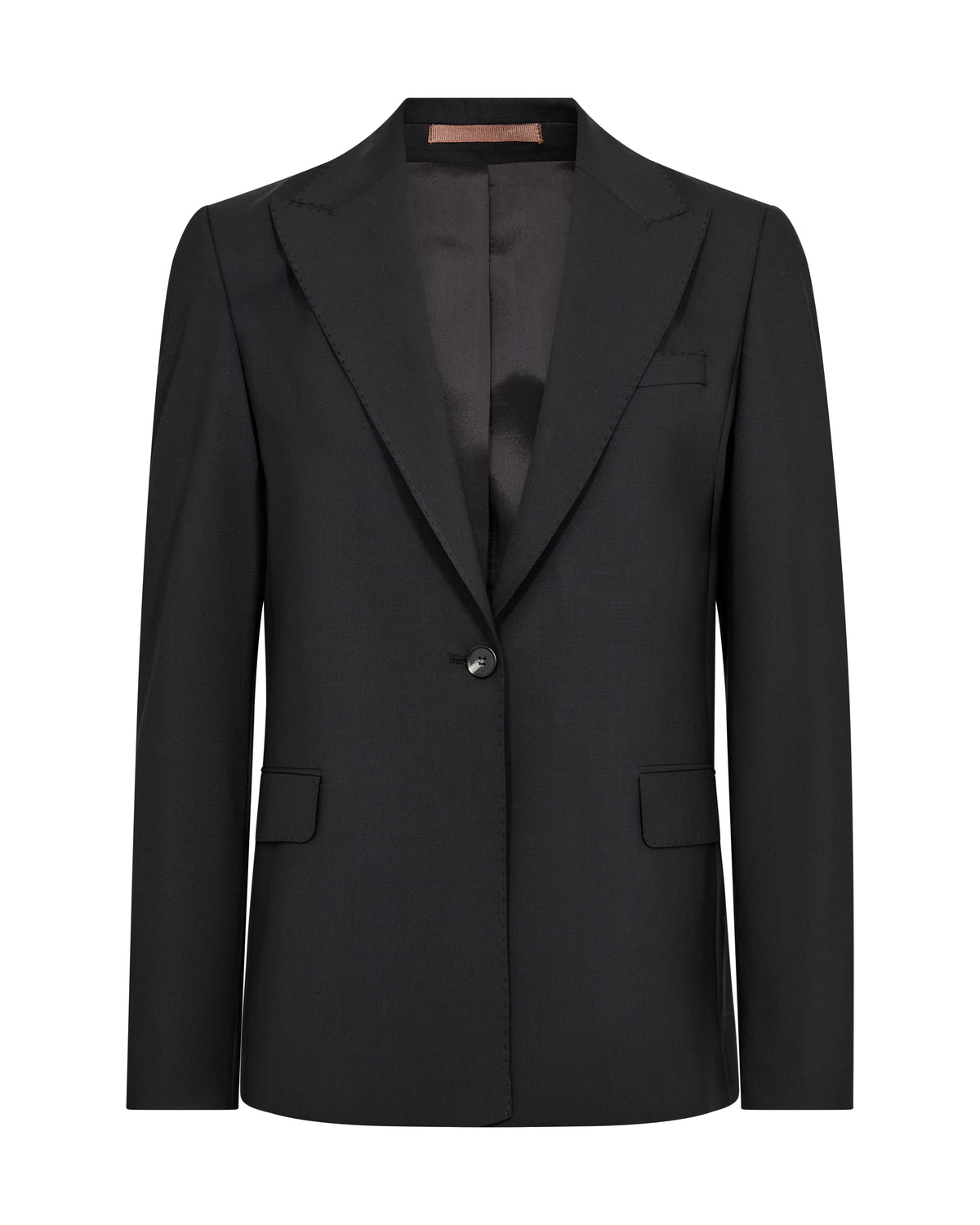 A black single-breasted blazer with notch lapels, a single button closure, and flap pockets, shown against a plain white background.