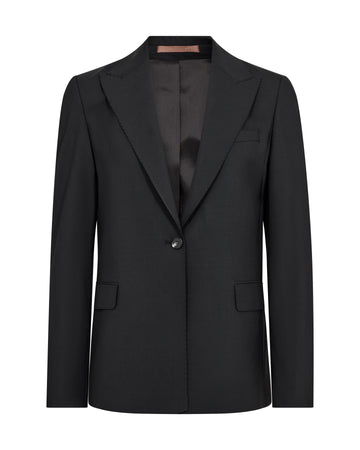 A black single-breasted blazer with notch lapels, a single button closure, and flap pockets, shown against a plain white background.