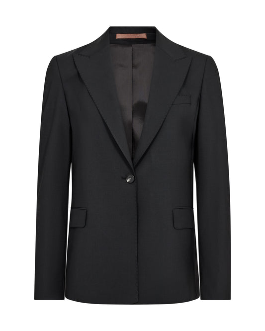 A black single-breasted blazer with notch lapels, a single button closure, and flap pockets, shown against a plain white background.