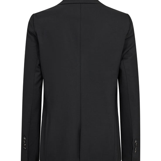 A black men's blazer shown from the back, featuring a clean center seam, notched lapels, and three-button cuffs, displayed on a solid white background.