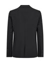 A black men's blazer shown from the back, featuring a clean center seam, notched lapels, and three-button cuffs, displayed on a solid white background.