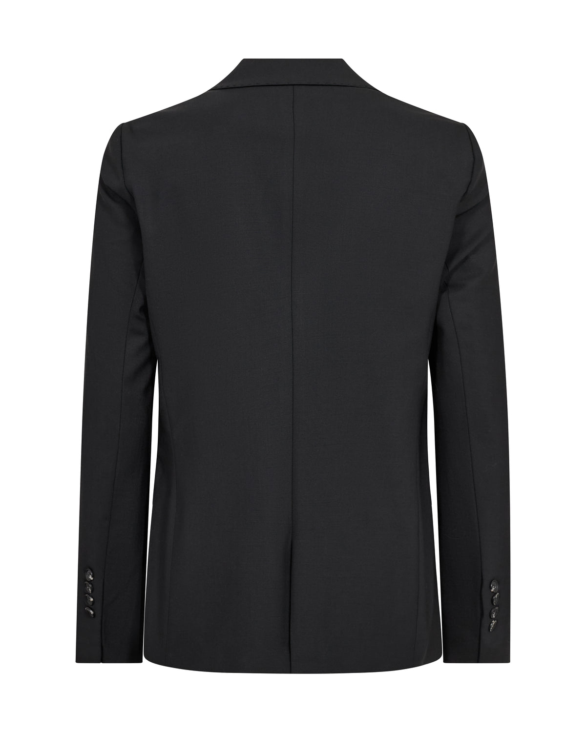 A black men's blazer shown from the back, featuring a clean center seam, notched lapels, and three-button cuffs, displayed on a solid white background.