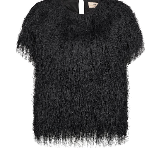 A black short-sleeved top with a shaggy, feather-like textured finish, featuring a keyhole neckline with a white tie detail, shown against a plain white background.