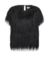 A black short-sleeved top with a shaggy, feather-like textured finish, featuring a keyhole neckline with a white tie detail, shown against a plain white background.